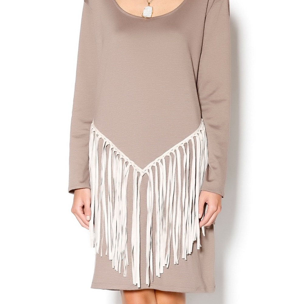 Missy Robertson boutique taupe fringed dress small NWT